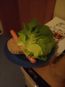 To nawet nie minimum. Sałatę trzeba było płukać w wodzie bo była w czymś moczona. Parówka to nie mięso. Chleb zamrożony po 2 dniach leżakowania. Masła nie widać, ale dawali zmrożoną kostkę podczas gdy czegoś do smarowania nie dawali.